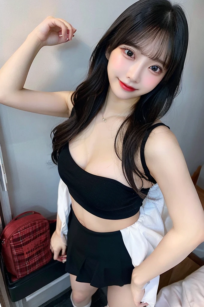 nsfw、Big Tits、full body、mini skirt, (skirt lift:1.3), (from bottom:1.3)、underwear、whole body、double eyelid、Highest quality, Very detailed, Fine details, High resolution, 8k, Perfect dynamic composition, Beautiful details, ,Natural color lip, A shy smile,Beautiful 20 year old woman、The only person, Cute type、Long Black Hair、Glamorous body、One Girl、Angle from below、Panty shot、Lie down in bed