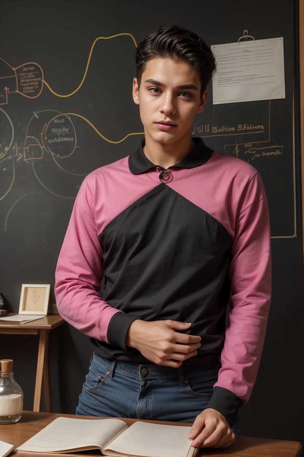 A young man with a beautiful blink of an eye, with a black hair, wearing a luxurious shirt with long sleeves, bright pink, and jeans, and he is in his office, and behind him is a blackboard with a manuscript on the mind map, looking with pride and eyes. Underneath it is black auras and has a beautiful face with makeup
