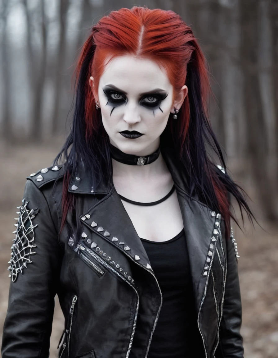 a female character, medium long Goth girl hairstyle, vermillion hair. The background is greyish white. The character's face is confident, with pale skin and corpse paint. She wears a dark-colored leather jacket with studs.