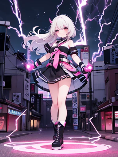 1girl, solo, white hair, pink hair, (boots, gloves), (surrounded by electricity, lightning, particles), cute pose, tokyo street backdrop, (neon atmosphere), masterpiece, best quality, pussy