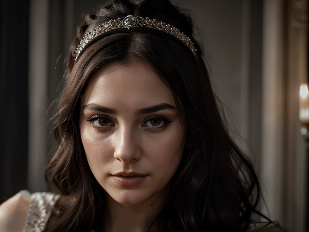 a tarot reader woman, elegant detailed portrait, beautiful detailed eyes, beautiful detailed lips, extremely detailed face and features, long eyelashes, intricate headpiece, mystical aura, dramatic lighting, detailed ornate clothing, dark moody background, (best quality,4k,8k,highres,masterpiece:1.2),ultra-detailed,(realistic,photorealistic,photo-realistic:1.37),dark fantasy,portrait,chiaroscuro lighting