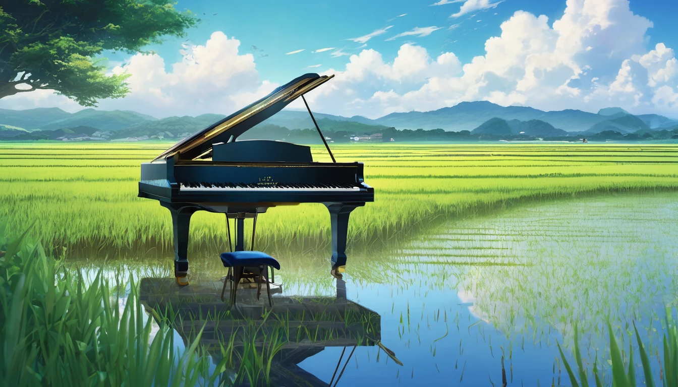 A grand piano in the Japanese countryside、In the background, rice fields are planted.、The sky is a piercing blue.、Makoto Shinkai style touch、A grand piano placed on the bank in front of the rice fields、The piano is not submerged in water.、A grand piano placed beside a rice field