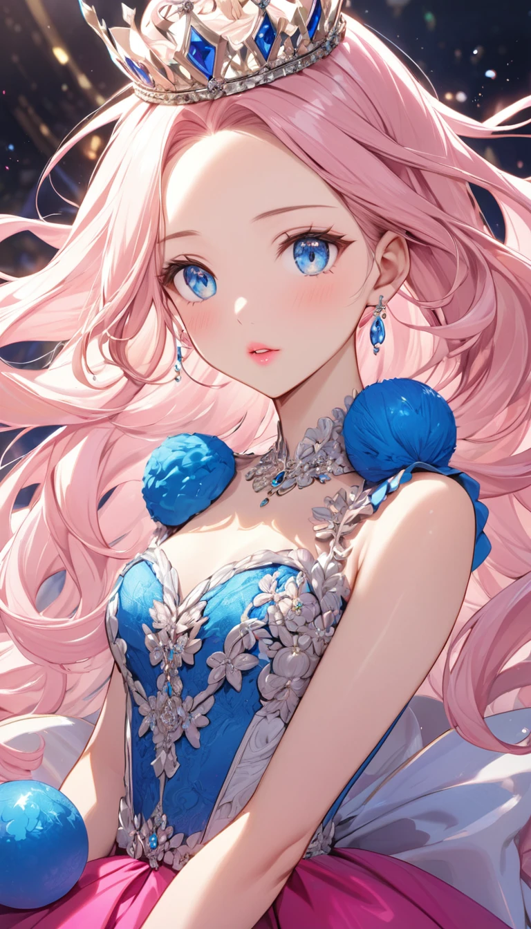 woman, light pink long hair without bangs, open forehead, thin pink lips, bright blue eyes, большая грудь
Lush ball gown, royal crown