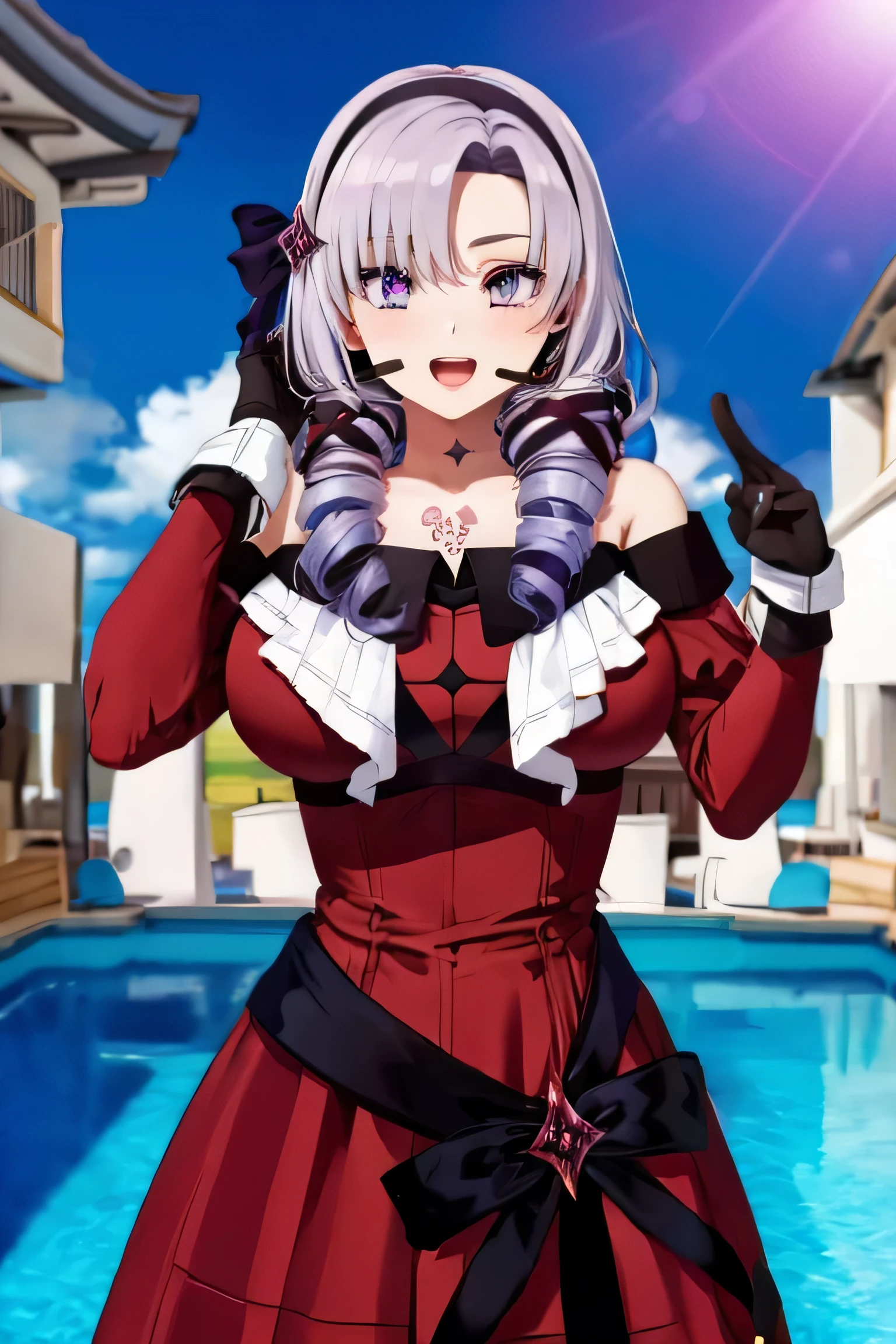 beautiful, (masterpiece:1.2), (Highest quality:1.2), Perfect Eyes, Perfect Face, Perfect lighting,One girl, Oily skin,masterpiece, Highest quality, High resolution, (Salome), Drill Hair, Parted bangs, hair band, ribbon, Purple eyes, Large Breasts, tattoo, ((Red dress)),Long sleeve, Bare shoulders, Black gloves, Cowboy shot ojou-sama pose, Open your mouth, ((headset)),