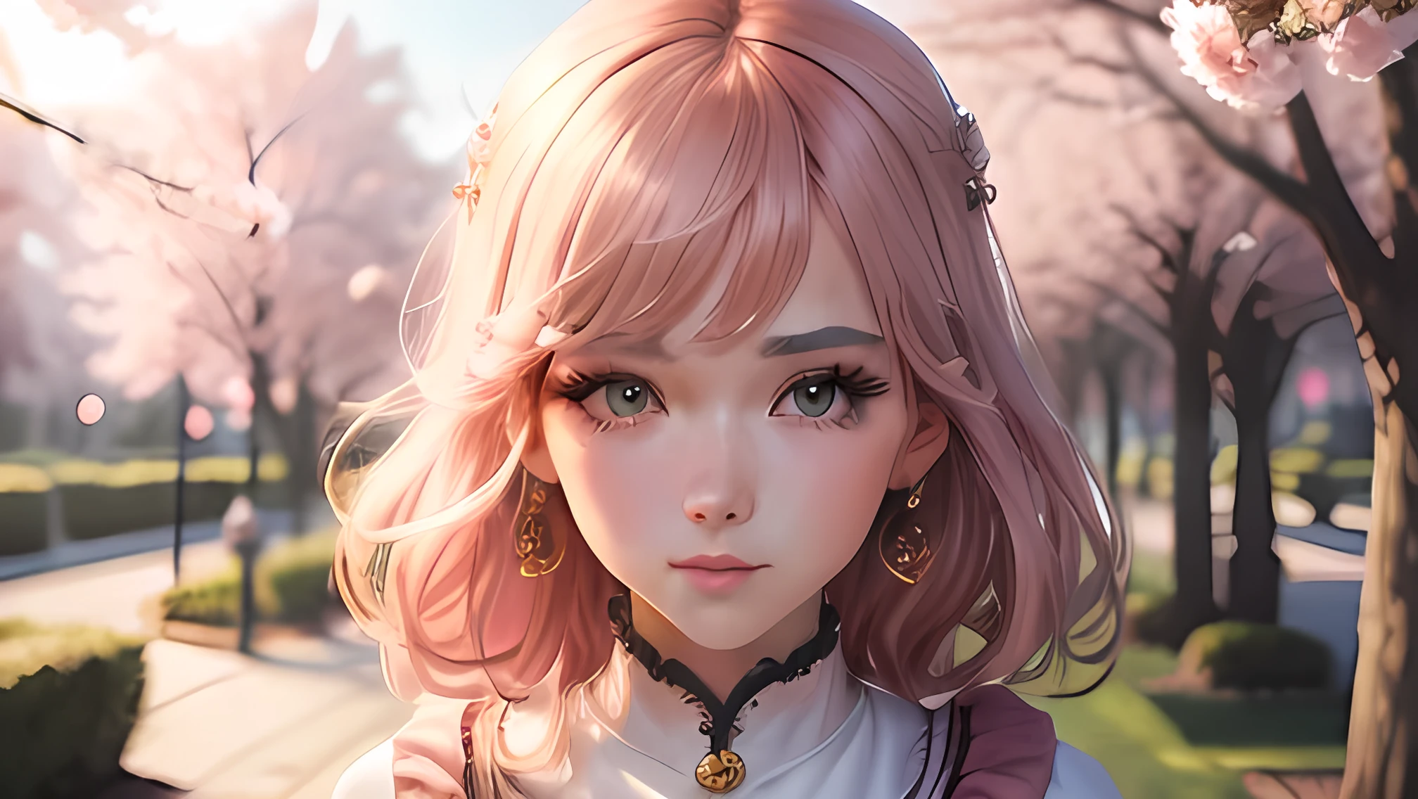 a cute anime girl, beautiful detailed eyes, beautiful detailed lips, extremely detailed eyes and face, long eyelashes, beautiful face, body, moe anime character, colorful outfit, dynamic pose, serene outdoor garden setting, cherry blossoms, warm lighting, highly detailed, 8k, photorealistic, masterpiece, vibrant colors, digital art