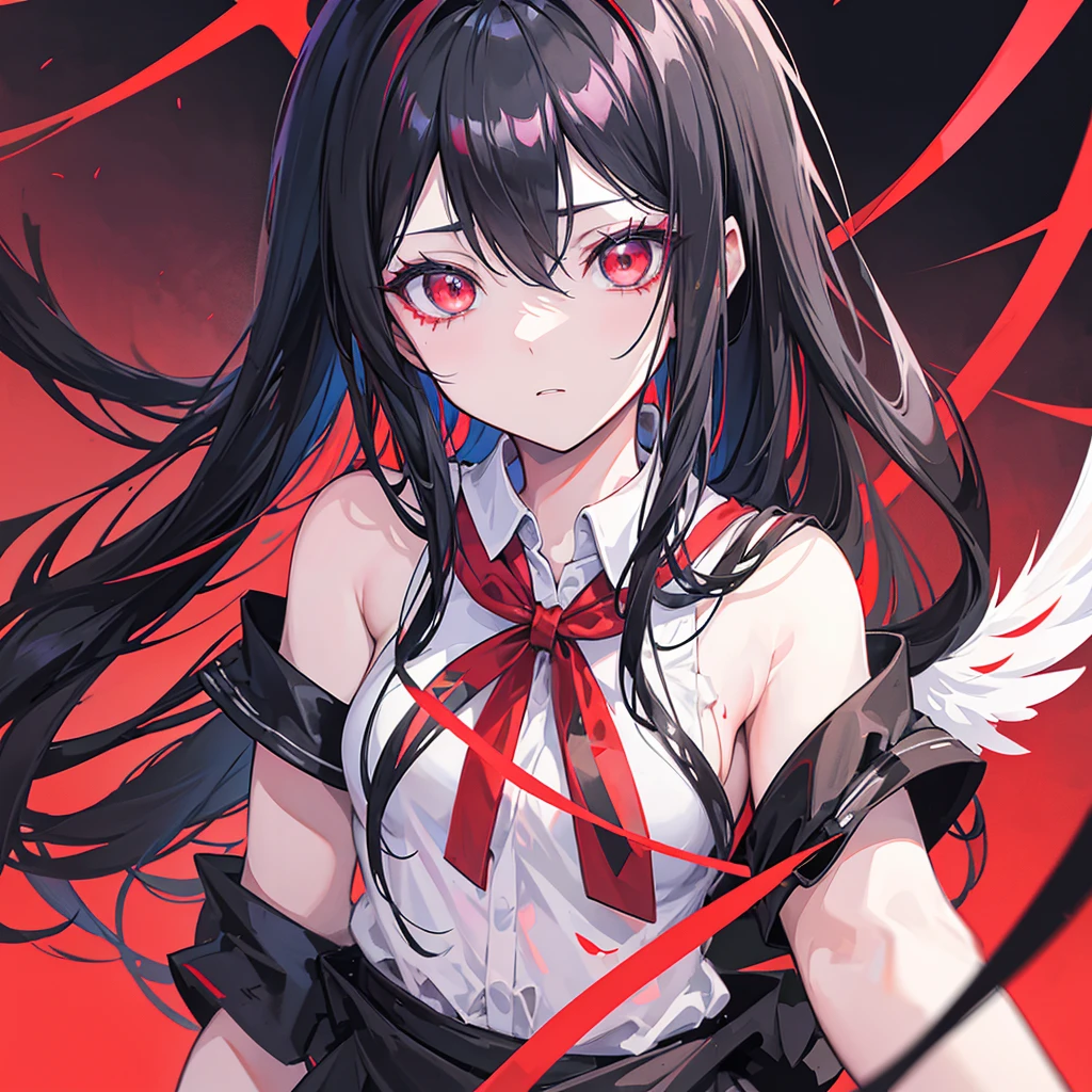 anime girl with black hair and red eyes with angel halo, gapmoe yandere grimdark, portrait gapmoe yandere grimdark, helltaker, demon anime girl, akane owari danganronpa, albedo from the anime overlord, gapmoe yandere, 1 7 - year - old anime goth girl, albedo from overlord