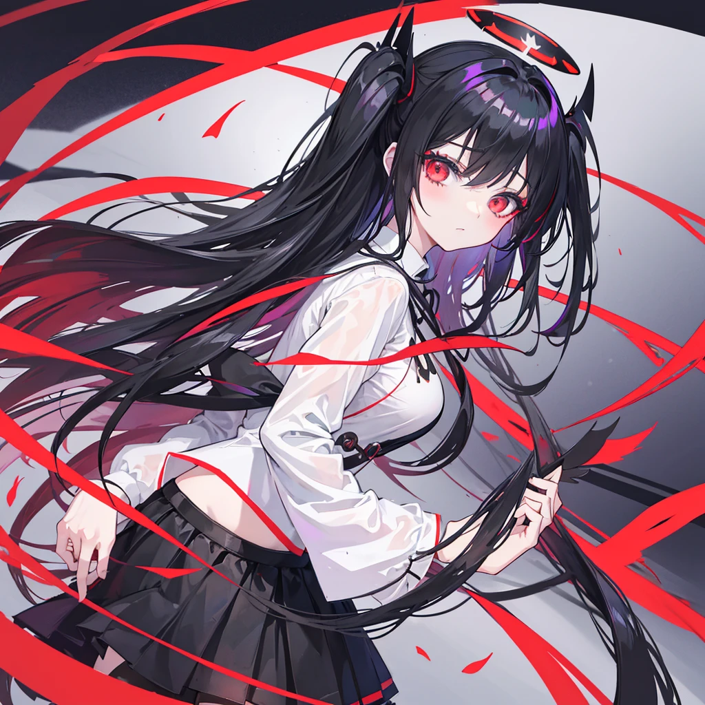 anime girl with black hair and red eyes with angel halo, gapmoe yandere grimdark, portrait gapmoe yandere grimdark, helltaker, demon anime girl, akane owari danganronpa, albedo from the anime overlord, gapmoe yandere, 1 7 - year - old anime goth girl, albedo from overlord