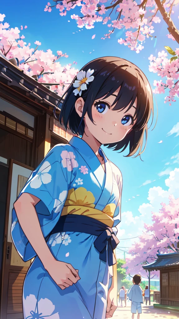 Summer kids、Summer festival、yukata、blue sky, smile