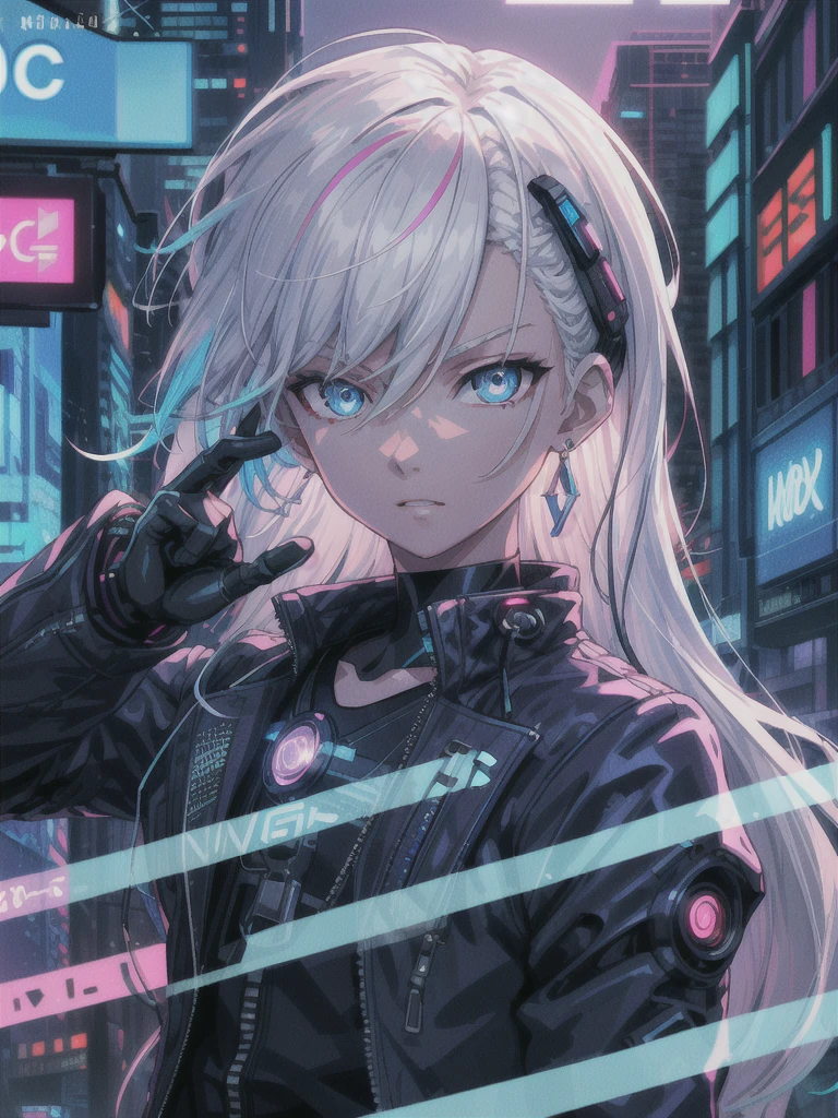 1 boy, solo, colorful, long hair, blue eyes, cyberpunk, cityscape, moon background, peace sign, earrings, white hair, neon sign, character focus, CG illustration, bust shot, white color jacket, 8k resolution, very detailed, anatomically correct, digital painting, concept art, clear picture,