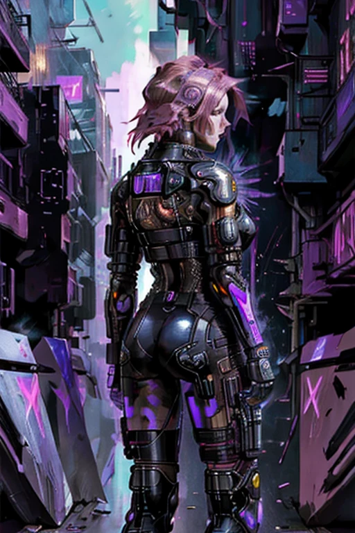 (back view),((ultra realistic illustration:1.2)),(cyberpunk:1.4),(dark sci-fi:1.3). Sexy mech pilot, with short pink hair, wearing leather lingersuit, fishnets, jacket, thigh high boots. Rebellious. Dystopic megacity, gritty, neon, hell, Armored Core, Battletech. Front Mission. Masterpiece, (highly detailed:1.2),(detailed face and eyes:1.2), 8k wallpaper, natural lighting. core shadows, high contrast, bokeh.