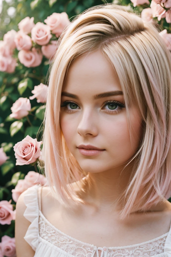 8k, raw image, Fujifilm, Stylish photo of a beautiful young woman as Avril in a garden of pale pink roses. (Highly detailed skin: 1.2) Style-Petal BREAK short hair, Blonde hair with colored locks, wear a dress, Film pellets, 35mm, cute style