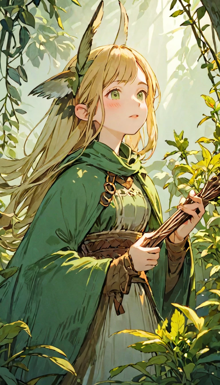 a beautiful female adventurer with bird-like ears, singing and harvesting herbs with her eyes closed, 1girl, intricate details, game art style, (masterpiece), best quality, 4k, 8k, highres, ultra-detailed, cinematic lighting, excellent quality, very nice shadows, soft lighting, facing the camera, perfect eyes