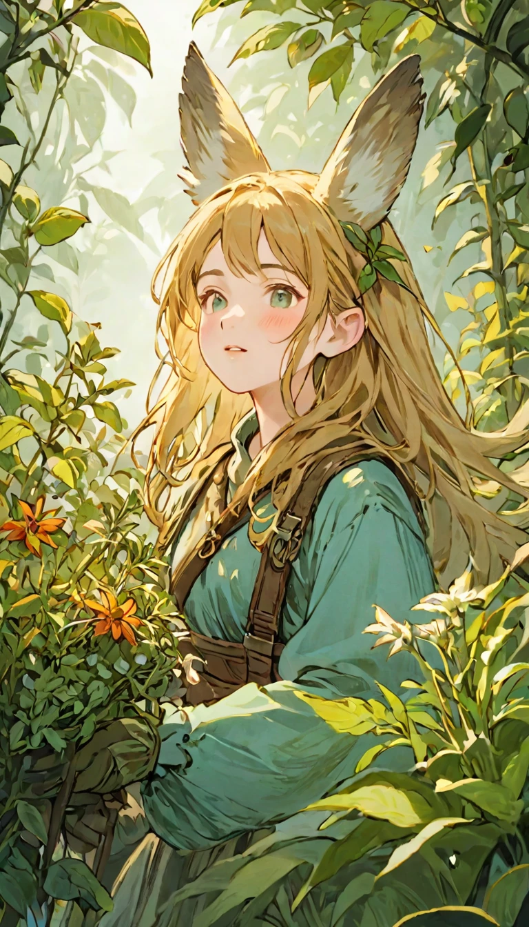 a beautiful female adventurer with bird-like ears, singing and harvesting herbs with her eyes closed, 1girl, intricate details, game art style, (masterpiece), best quality, 4k, 8k, highres, ultra-detailed, cinematic lighting, excellent quality, very nice shadows, soft lighting, facing the camera, perfect eyes