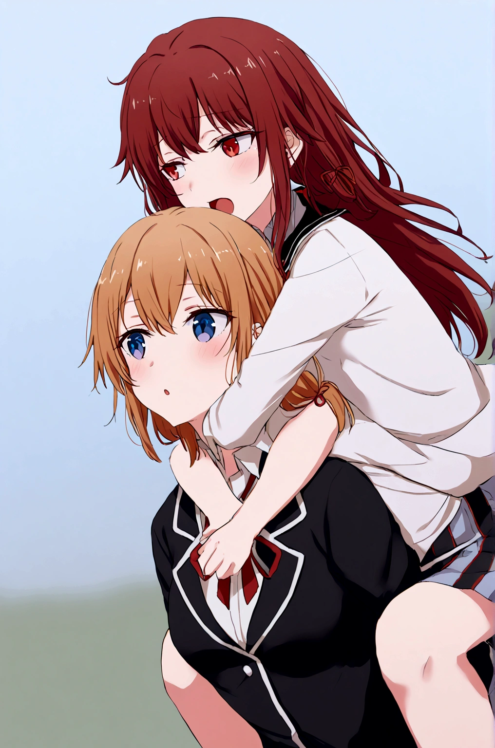 2 grils yukino yukinoshita giving mother Yuigahama   piggyback ride, Blue eyes black long hair piggyback ride, 