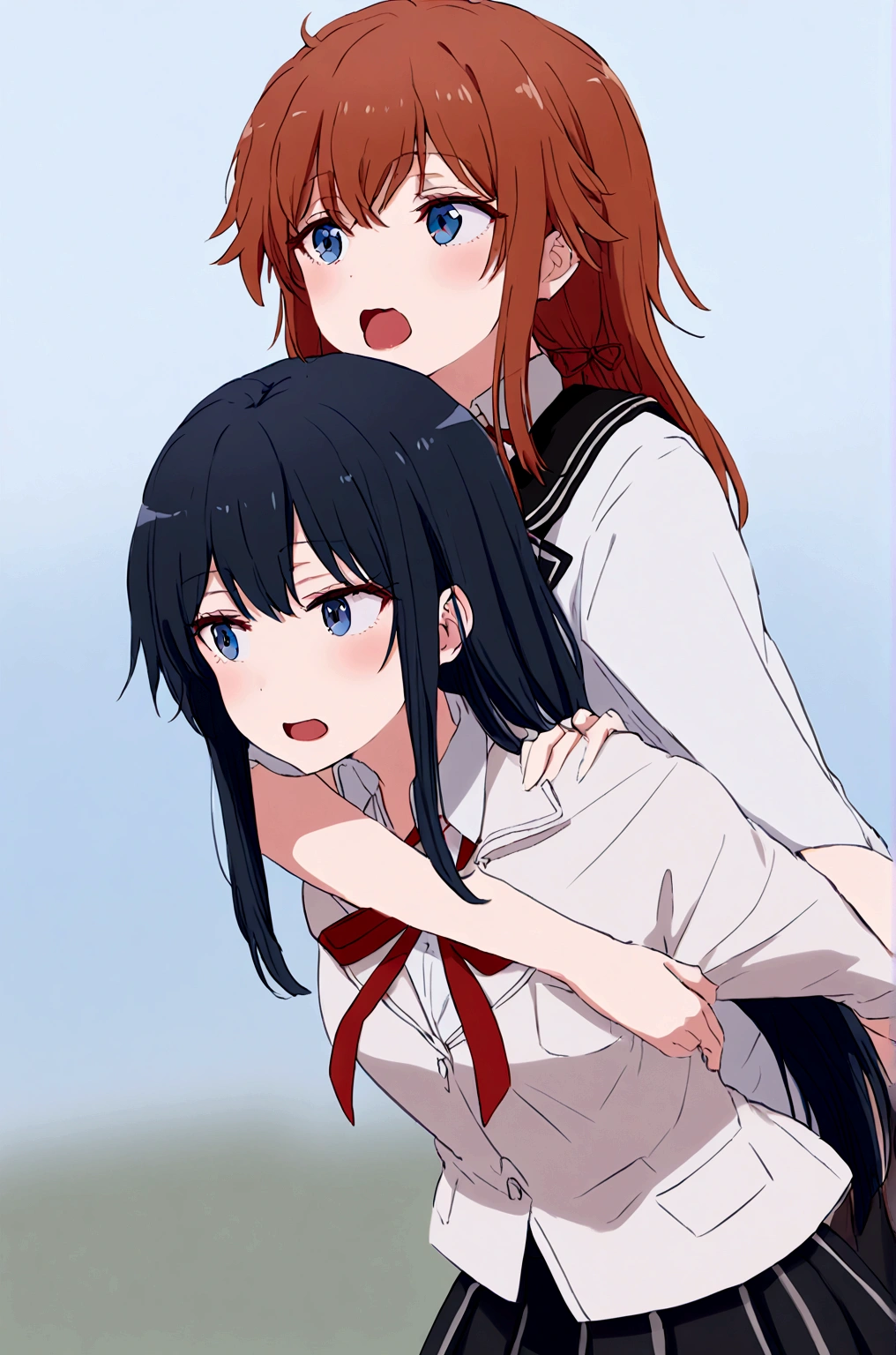 2 grils yukino yukinoshita giving mother Yuigahama   piggyback ride, Blue eyes black long hair piggyback ride, 