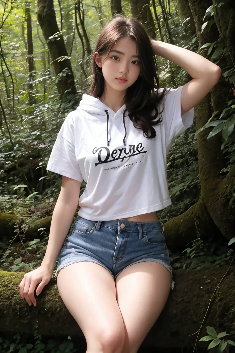 deux femmes ensemble sexy et mince de 18 ans , dans la forêt , short sleeve hoodie et short en jean , position sexy , position sensuelle, se touche , 