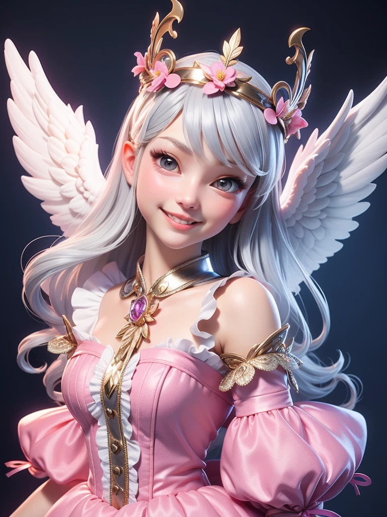 "Realistic female angel, around 20 years old, detailed face, wearing cute clothing, with silver hair ,Flower crown、smile、Angel、heaven、