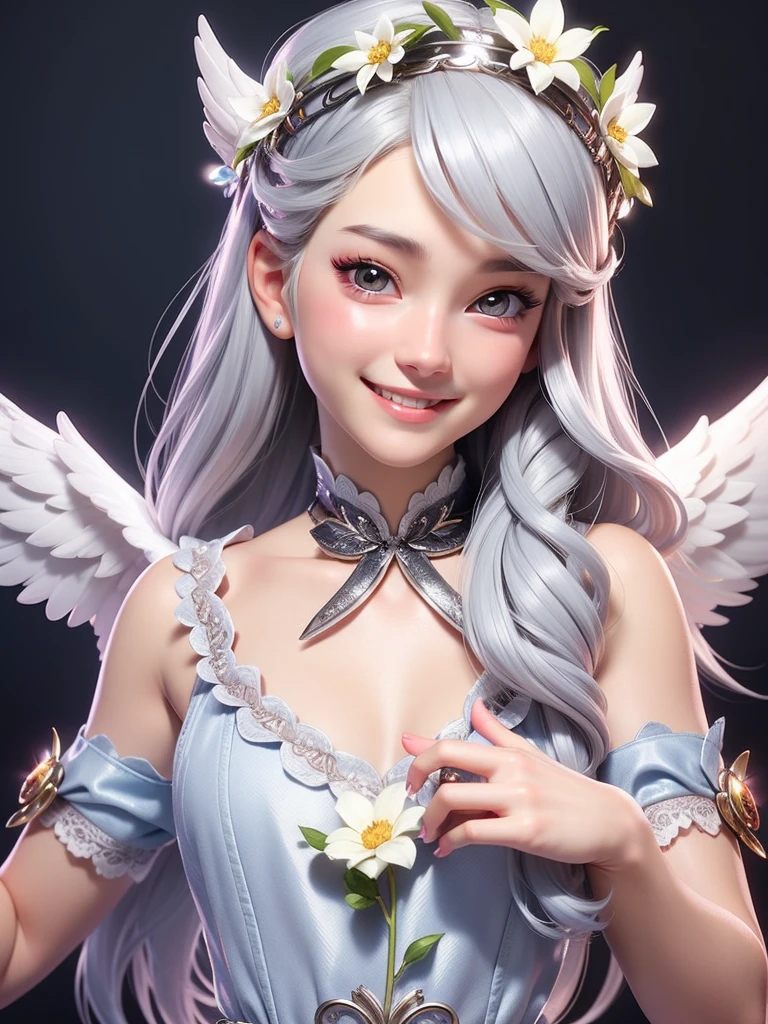 "Realistic female angel, around 20 years old, detailed face, wearing cute clothing, with silver hair ,Flower crown、smile、Angel、heaven、