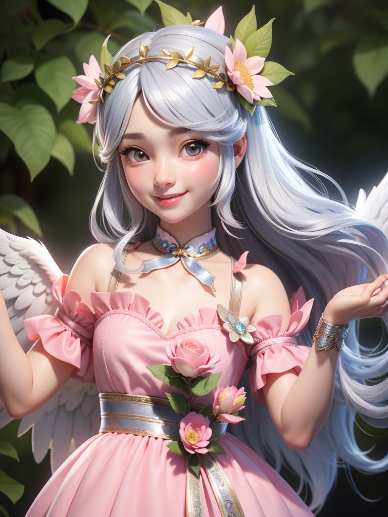 "Realistic female angel, around 20 years old, detailed face, wearing cute clothing, with silver hair ,Flower crown、smile、Angel、heaven、