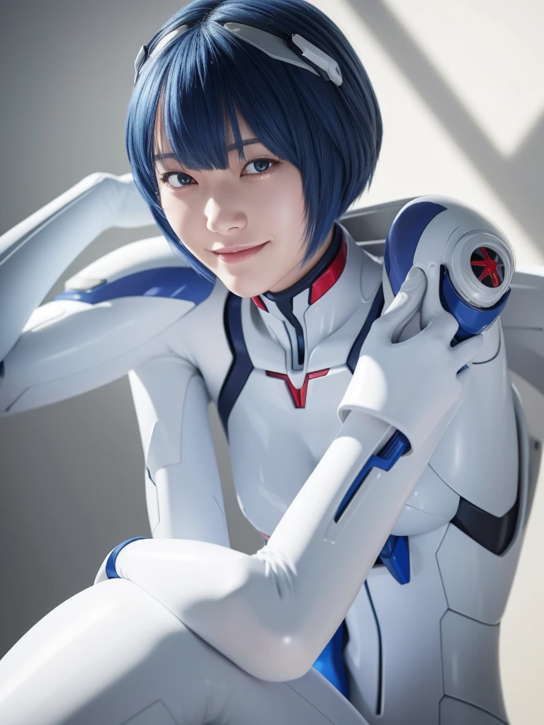 Rei Ayanami, recognized by her short blue hair and red eyes, her hands perfectly portrayed in a highly detailed. Her Plug Suit, a white bodysuit, is intricately designed and beautifully detailed, showcasing anatomical perfection. The suit, though broken, retains its pristine quality, making for an 8K wallpaper of unparalleled beauty and attention to detail, featuring Rei Ayanami's highly detailed face under perfect lighting. Her headgear adds an air of mystery to this, (Photorealistic:1.4), Japanese, (Beautiful:1.1), (One Woman:1.5),A big smile:1.5、classroom
