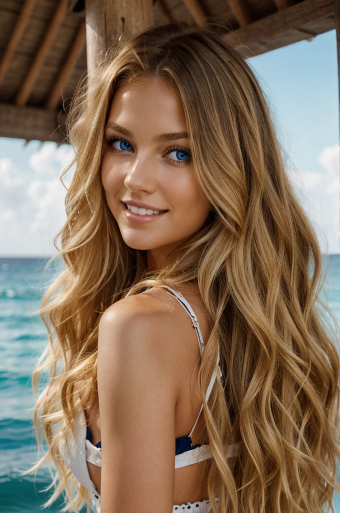 a striking woman with long, curly blonde hair cascades down her back in waves, framing her fair skin and bright, piercing blue eyes. She often wears a gentle smile that lights up her face.