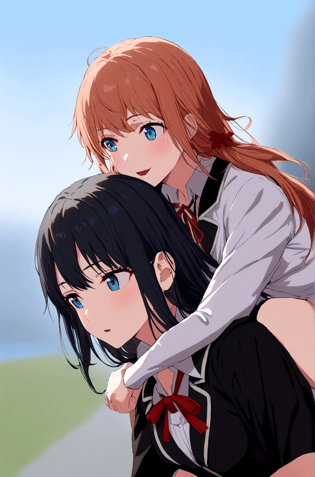 2 grils mother Yuigahama  giving yukino yukinoshita piggyback ride, Blue eyes black long hair piggyback ride, 