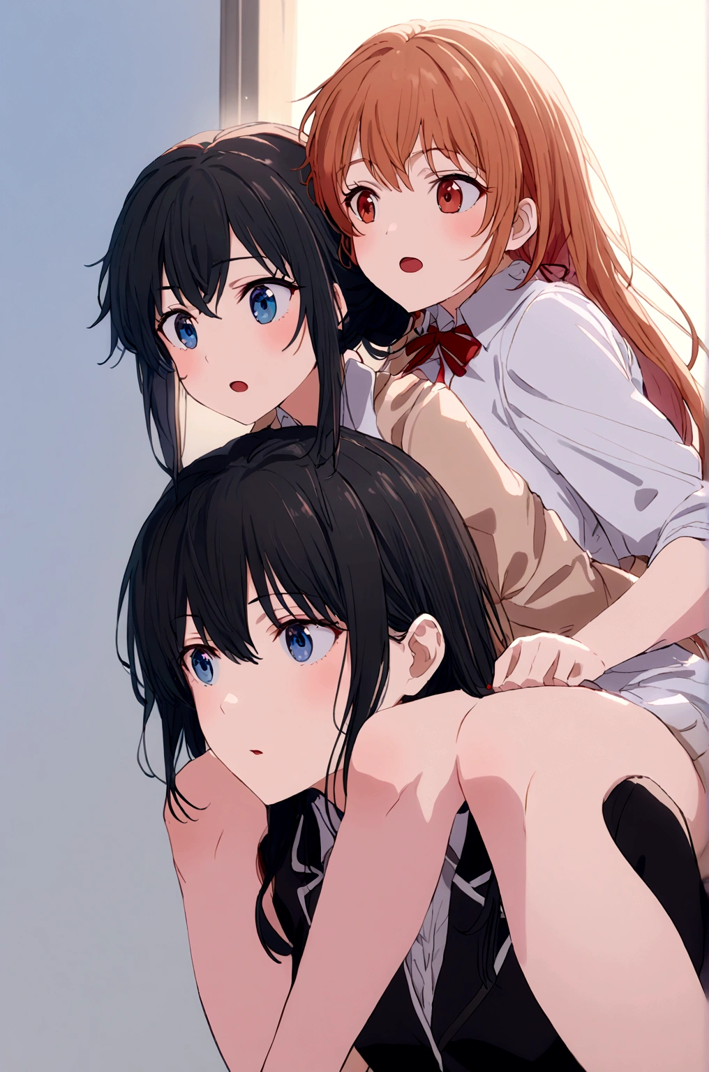 2 grils mother Yuigahama  giving yukino yukinoshita piggyback ride, Blue eyes black hair piggyback ride, 