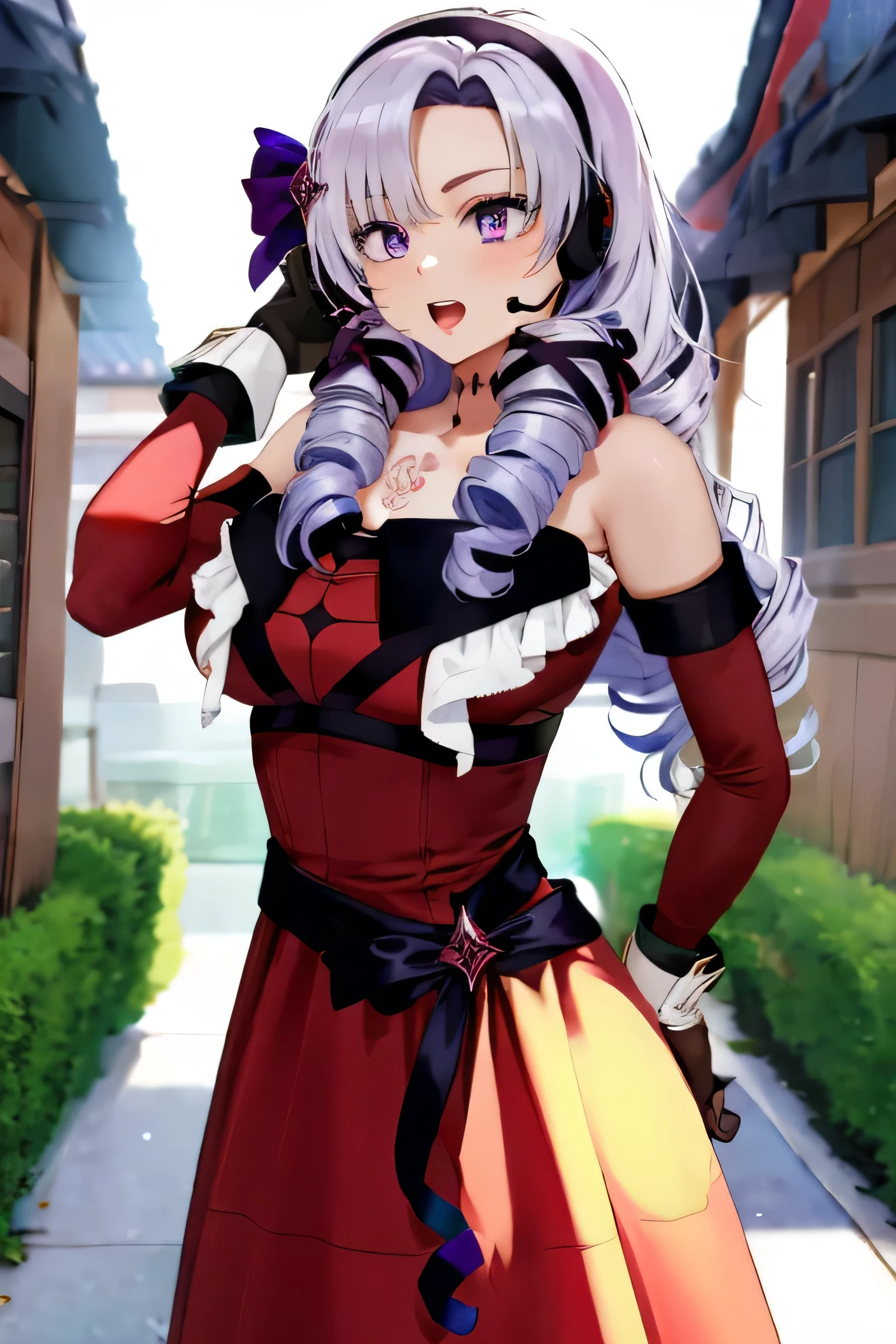 beautiful, (masterpiece:1.2), (Highest quality:1.2), Perfect Eyes, Perfect Face, Perfect lighting,One girl, Oily skin,masterpiece, Highest quality, High resolution, (Salome), Drill Hair, Parted bangs, hair band, ribbon, Purple eyes, Large Breasts, tattoo, ((Red dress)),Long sleeve, Bare shoulders, Black gloves, Cowboy shot ojou-sama pose, Open your mouth, ((headset)),