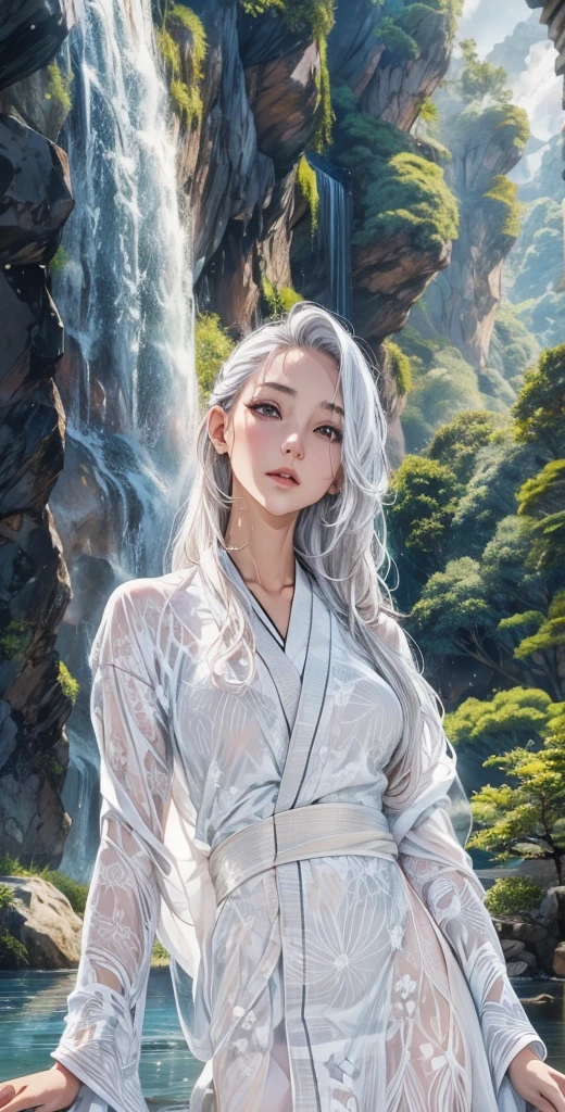 waterfall、Her white kimono is wet and transparent、waterfall修行、cute、40 year old Japanese woman、Silver Hair、長い髪のSilver Hair、My hair is wet too、waterfallに打たれて濡れている、The lines of your body are visible when wet、The kimono is a plain white one.、The kimono is all white、The kimono has no pattern.、The clothes get wet and stick to the body.、White robes、All-white kimono、pure white kimono、Her kimono is wet and her skin is visible through it.、The white kimono I touched、White plain kimono、White robes、The whole body is wet with water、The fabric of the kimono is thin all over.、The skin of the whole body is transparent、The whole body of the kimono is wet and the skin is visible.