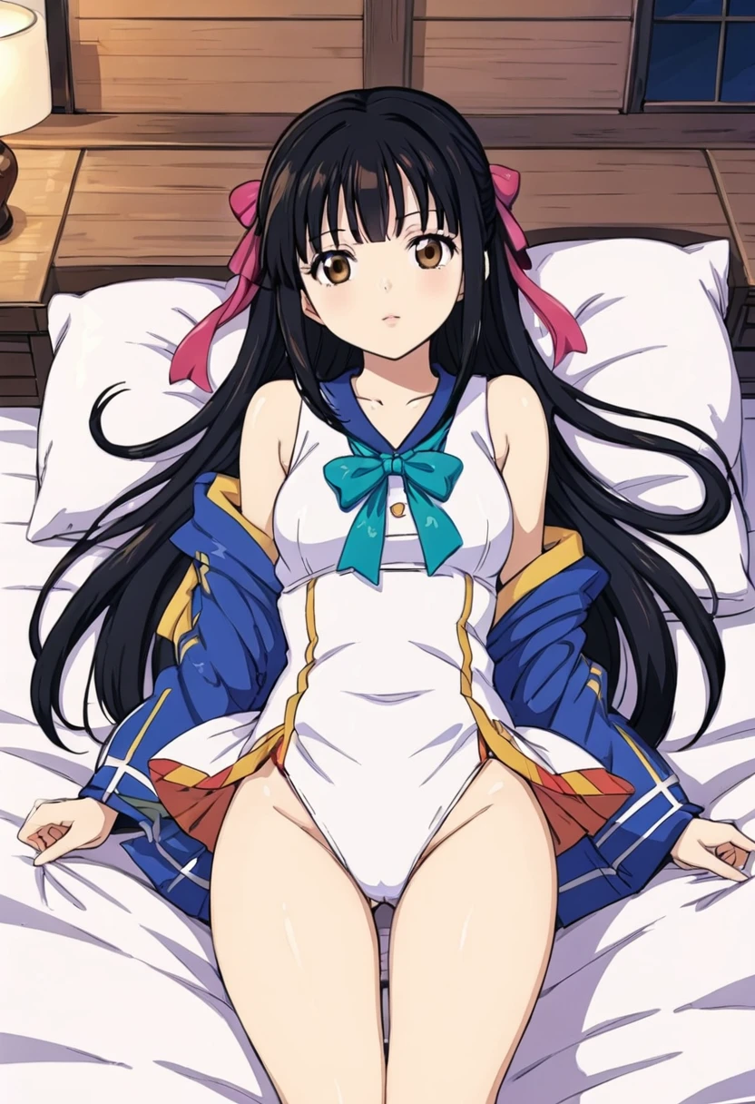 one piece、ryuga_sayo, black hair, long hair, blunt bangs, japanese clothes, hair bow, brown eyes, ribbon,、Dakimakura)、