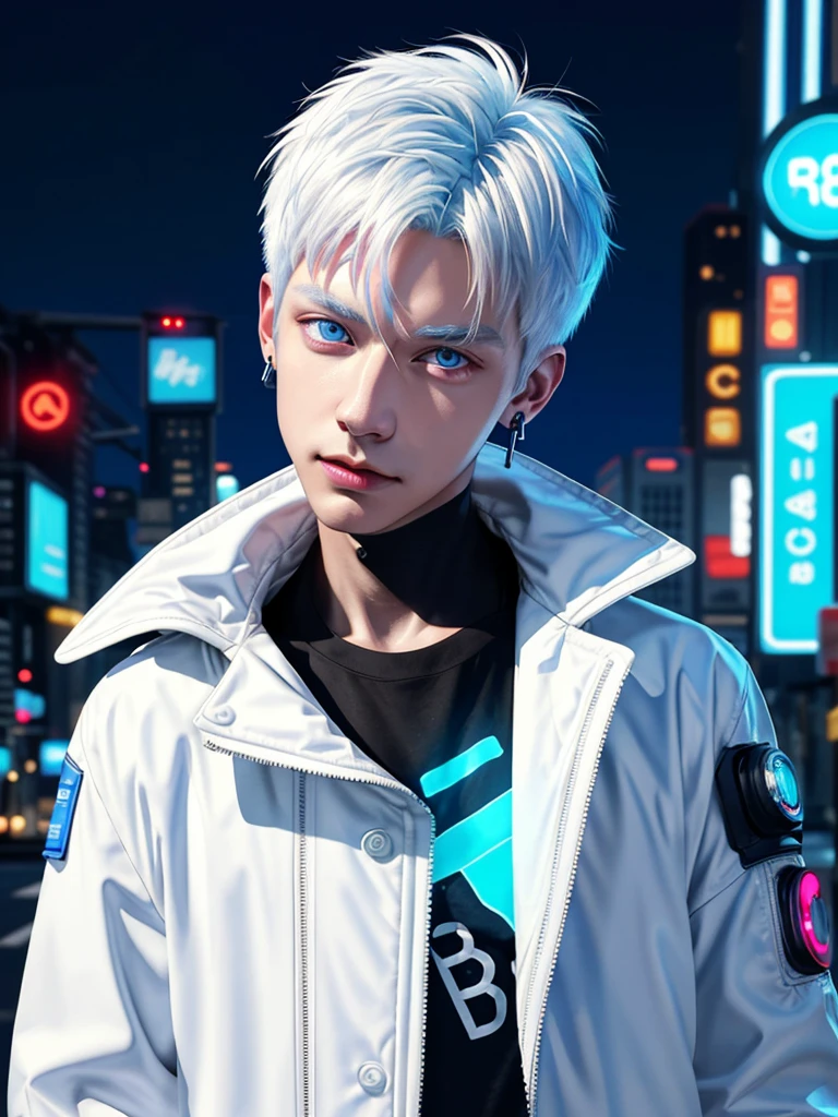 1 boy, solo, colorful, short hair, blue eyes, cyberpunk, cityscape, moon background, peace sign, earrings, white hair, neon sign, character focus, CG illustration, bust shot, white color jacket, 8k resolution, very detailed, anatomically correct, digital painting, concept art, clear picture,