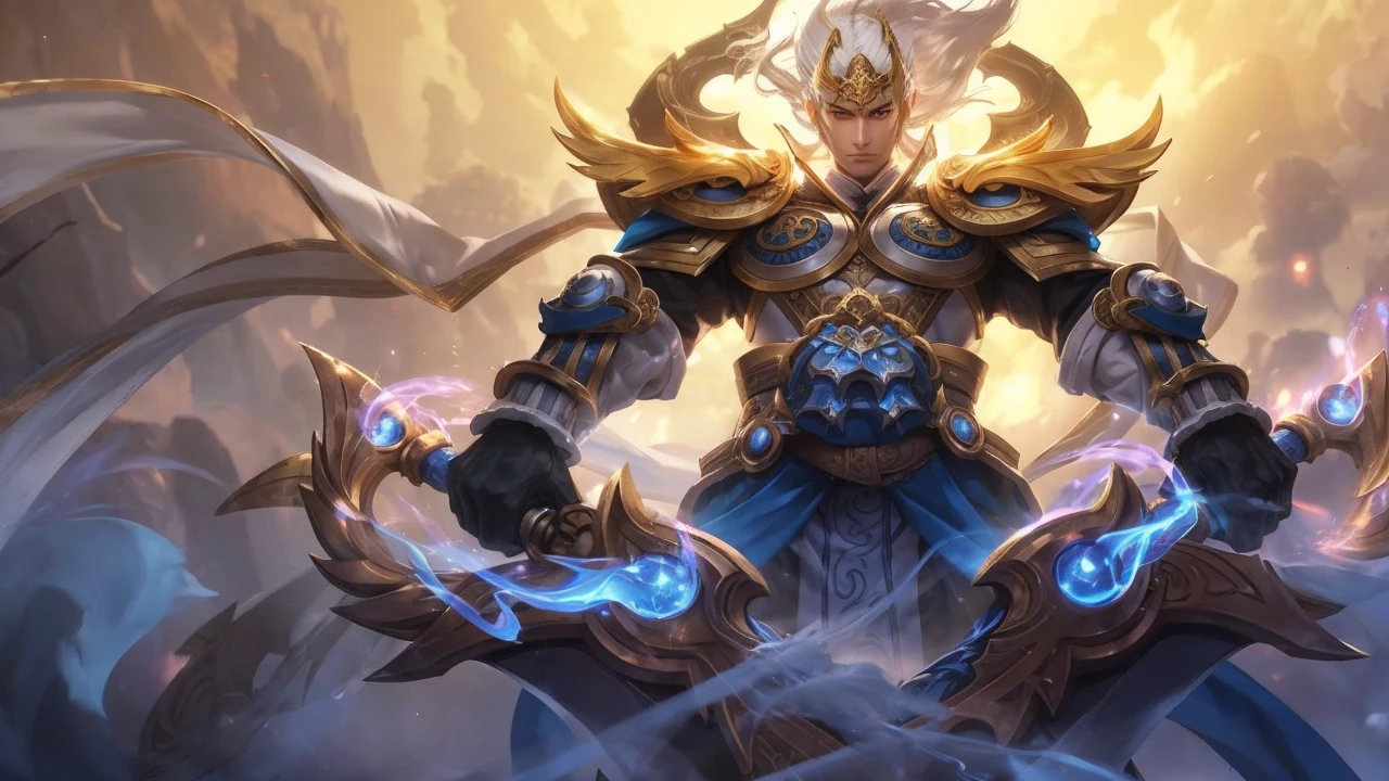 8K,Close-up of a costumed god holding a sword、Gray-haired short-haired,god々bright golden eyes,Beautiful androgynous creation god、super handsome(like the real thing),realistic skin,Original God Impact of Qingqing、A delicate androgynous god、luxurious white costume(Precise craftsmanship of the god of creation),luxury white pants,Golden decoration,Original God Impact Separation、Demon Slayer: Kimetsu no Yaiba art handsome man、kashmir art、2。5D CGI anime fantasy art work、male portrait,fantasy art,character art,rich colors, Backlight, cinematic lighting, film grain, born, 50mm lens, Nikon D850,ultra high resolution,Super realistic,Inside the palace of god,