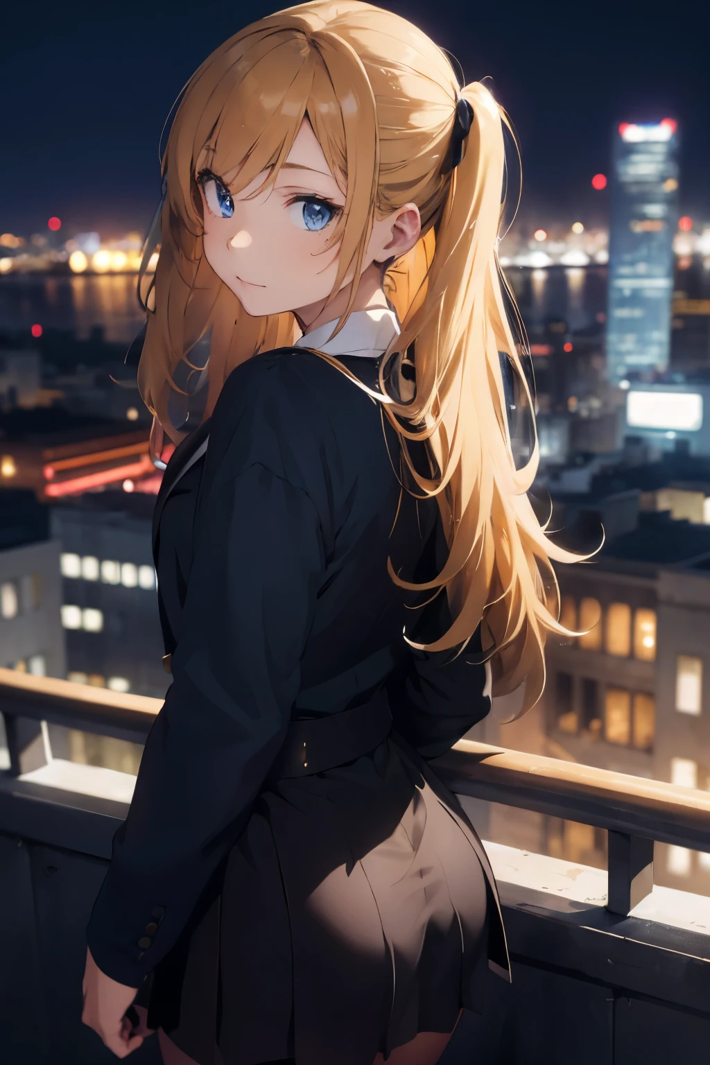 Half body portrait of a age girl Golden hair flowing on both sides, blue eyes, wearing a plain black suit. Turn around and look back at the half-body image, colored lights, look back. city view at night
