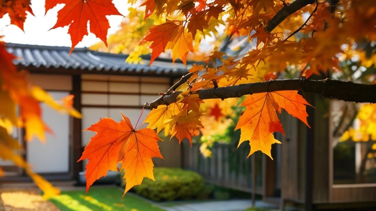Autumn leaves seen from a Japanese house、autumn、Soft sunlight、Low Saturation、Masterpiece