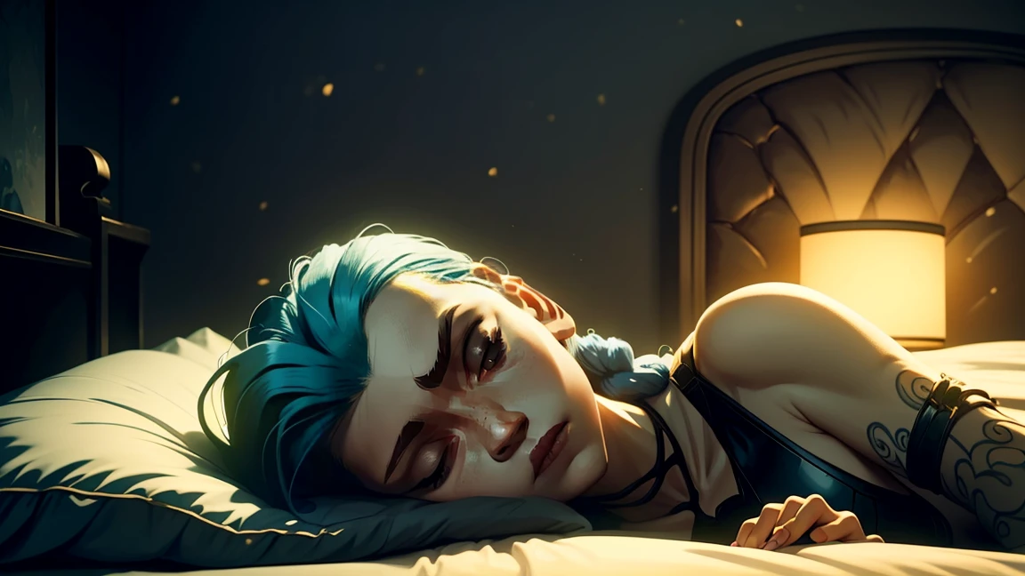 Create a highly detailed, full-body portrait of Jinx from the animated series Arcane, depicting her sleeping in a bed with vibrant colors. Incorporate intricate textures and patterns on the bedding, and ensure that Jinx's facial features are accurately rendered. The scene should be set in a cozy, dimly lit environment with soft shadows, emphasizing the tranquility of the moment. Use a mix of warm and cool colors to create a captivating visual contrast. The overall style should be reminiscent of a fantastical, dreamlike atmosphere, with subtle hints of magic and whimsy. Ensure that the image is rendered in high definition, with crisp lines and vivid colors that pop against the darker background