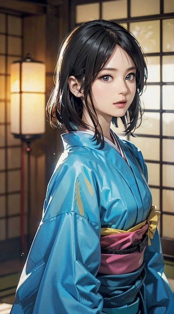 (Realistic)、(Realistic:1.2)、(High resolution)、Very detailed、Very beautiful face and eyes、1 girl、Delicate body、(highest quality、Attention to detail、Rich skin detail)、(highest quality、8k、Oil paint:1.2)、Very detailed、(Realistic、Realistic:1.37)、Bright colors、Full Body Shot,black_hair, Beautiful 8k eyes,Looking_in_Audience,One person in,Are standing,((Very beautiful woman, Fuller lips, Japanese pintern kimono))、((Colorful Japanese kimono)))、(((blackhair)))、(((Blunt bung,short hair)))、((( Inside an old Japanese house with a (short focus :1.4),)))、(masterpiece, highest quality, highest quality, Official Art, beautifully、aesthetic:1.2),(Fractal Art:1.3),Sengoku period、Greg Rutkowski Written by Alphonse Mucha Ropp,short ,uchikake,nishijin ori,(realistic light and shadow), (real and delicate background),(muted colors, dim colors, soothing tones:1.3), low saturation, (hyperdetailed:1.2), (noir:0.4),drow,blurry_light_background, (vibrant color:1.2), cinematic lighting, ambient lighting,Single Shot,Shallow Focus,pink lip,blurry light background,