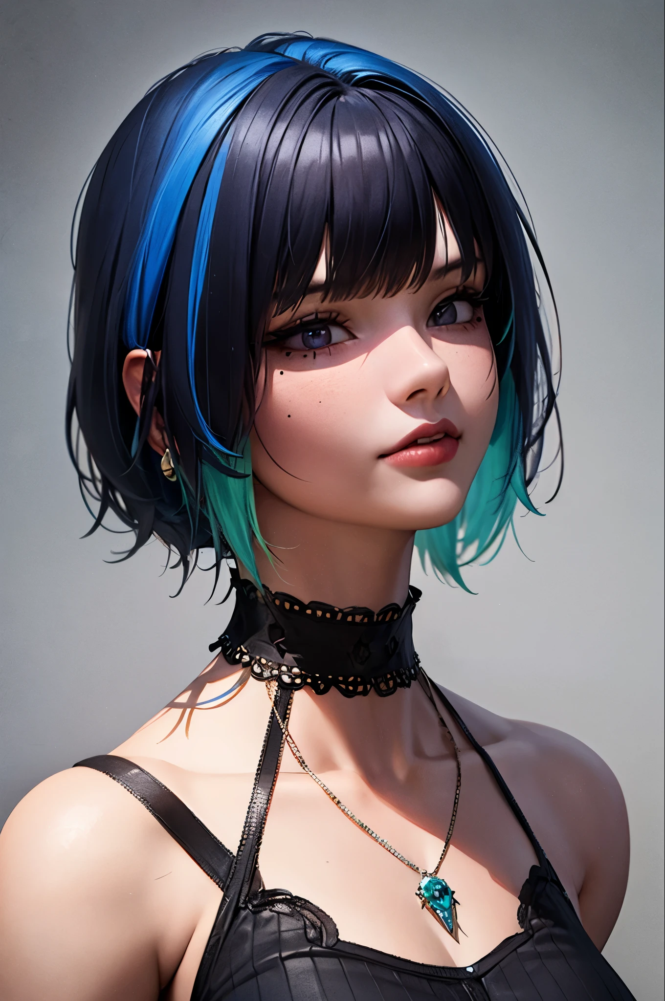 masterpiece, Highest quality,3D rendering work ,3dmm style,close,Portraiture, 3D,One girl, alone, Multicolored Hair, Blue Hair, Black Hair, necklace, jewelry, Two-tone hair, Look to the side, Realistic, Upper Body, Simple Background, bangs, avert your eyes, short hair, parted lips, Iris, lips, Gothic, choker, compensate, Mole, black shirt, shirt, watermark