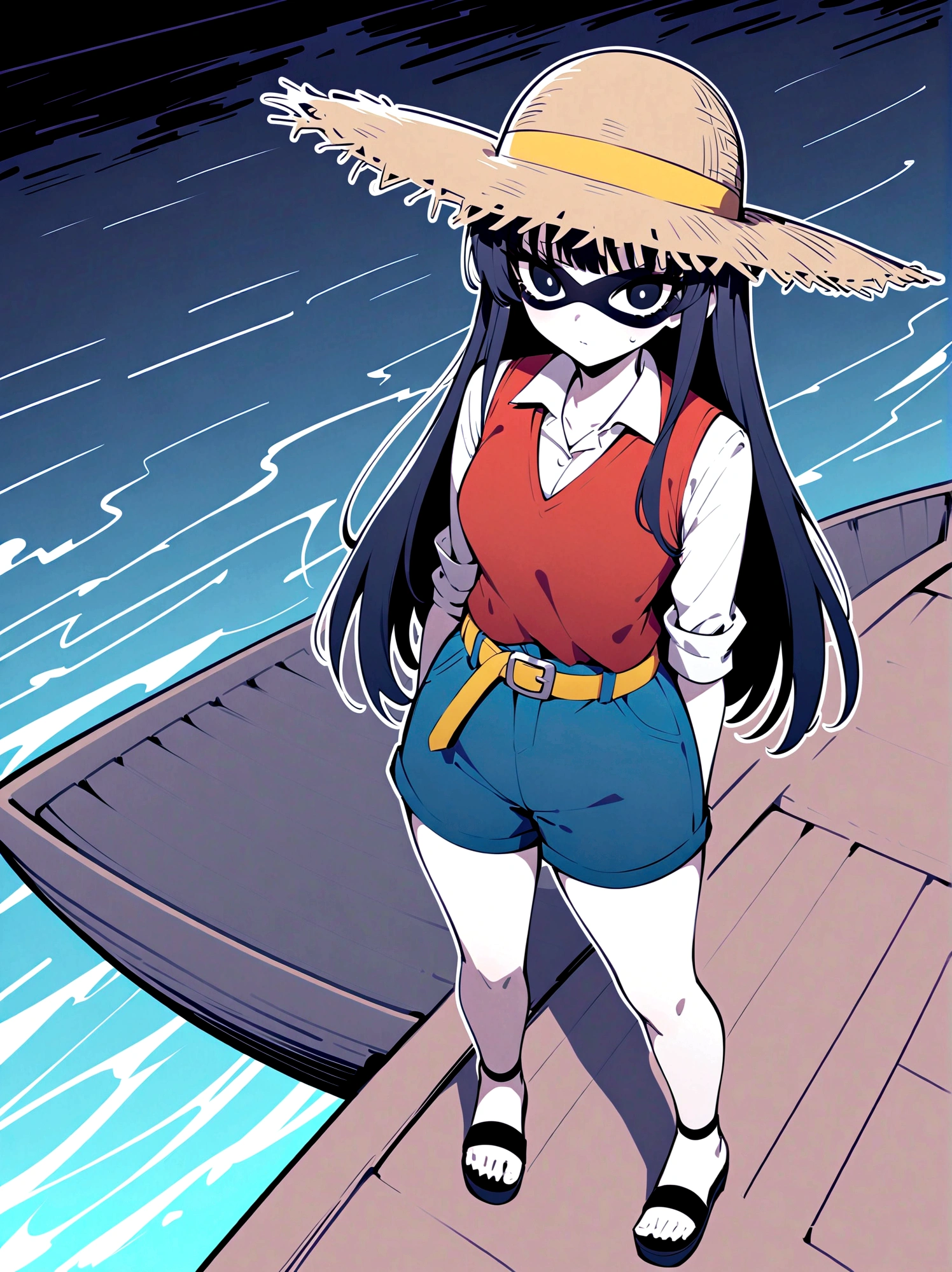 (whole body:1.3), 1 female captain, Wearing a straw hat, Black eye mask, Rich expression, gloomy, Gothic horror, illustration, Red vest, Blue shorts, Yellow belt, Black sandals, Strange, exaggerated, Caribbean Sea in the background，Boat deck，Dark theme elements, Pencil Sketch