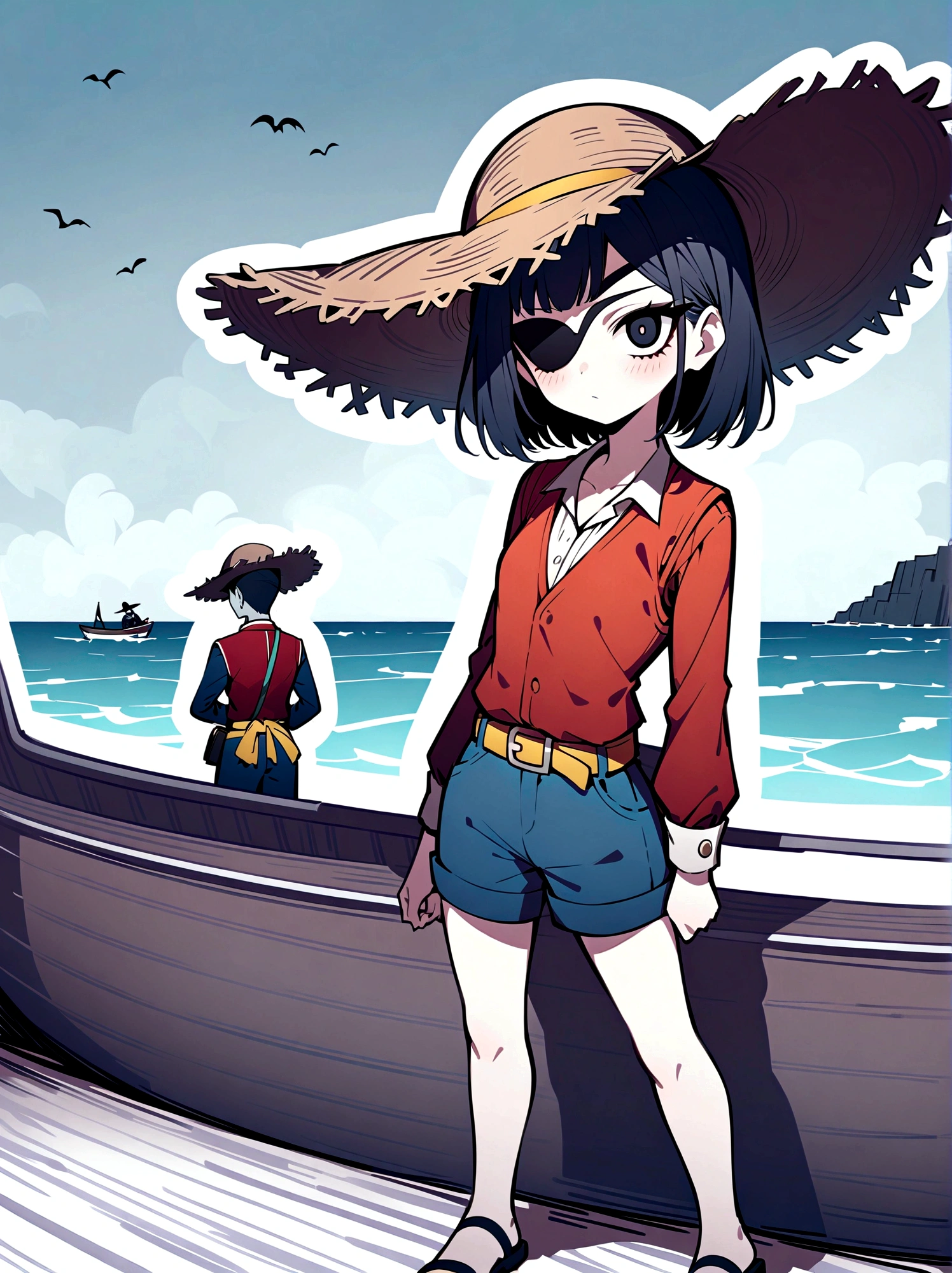 (whole body:1.3), 1 female captain, Wearing a straw hat, Black eye mask, Rich expression, gloomy, Gothic horror, illustration, Red vest, Blue shorts, Yellow belt, Black sandals, Strange, exaggerated, Caribbean Sea in the background，Boat deck，Dark theme elements, Pencil Sketch