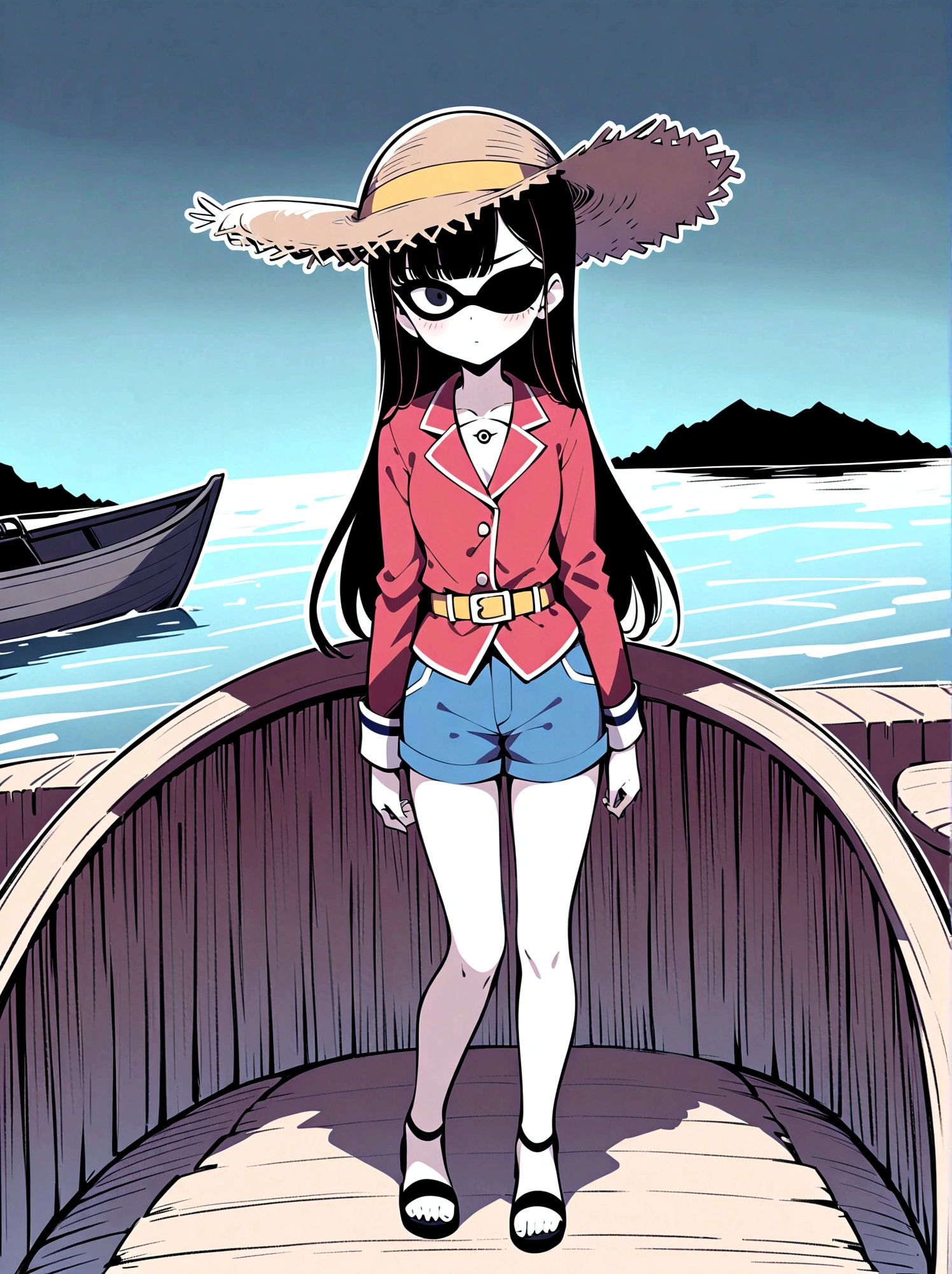 (whole body:1.3), 1 female captain, Wearing a straw hat, Black eye mask, Rich expression, gloomy, Gothic horror, illustration, Red vest, Blue shorts, Yellow belt, Black sandals, Strange, exaggerated, Caribbean Sea in the background，Boat deck，Dark theme elements, Pencil Sketch