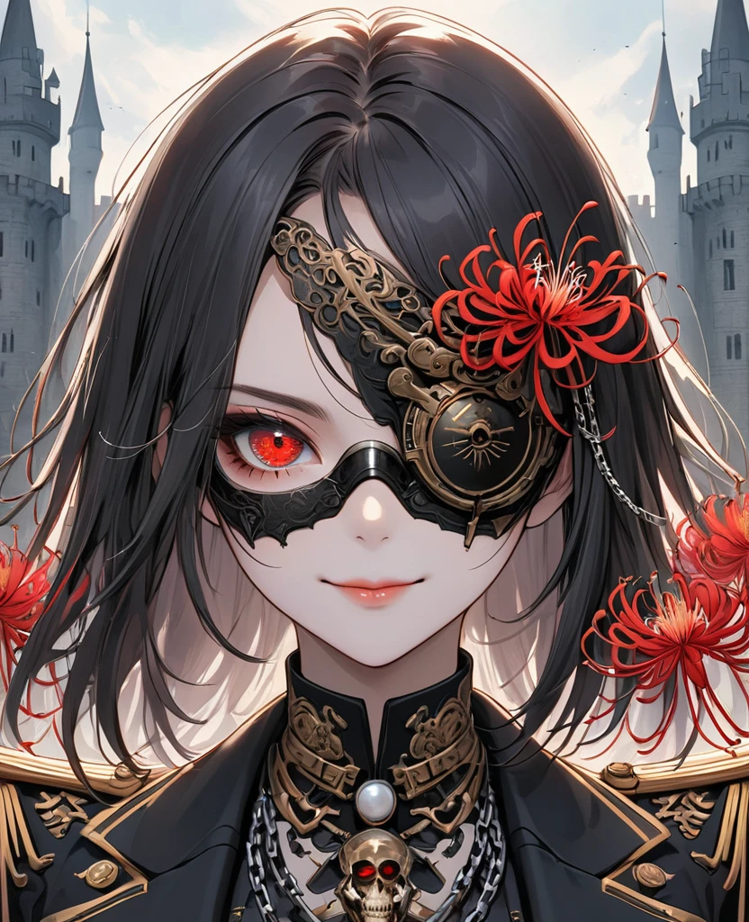 (Digital Illustration，Detailed anime style，Heavy Metal Cyberpunk，Pearl tassel eye mask，Portrait of girl wearing mask eye patch，Solitary，symmetry)，(Big colorful eyes，Fashionable and exquisite facial features，Exquisite makeup，Smooth skin，Smile，Soulful gaze，)，(Straight Hair，Hairpin)，(Black suit，Epaulettes-Chain，cool，)，(((Correct human anatomy)))，Red spider lily from，Flourishing red spider lily，Skeleton，Castle Background