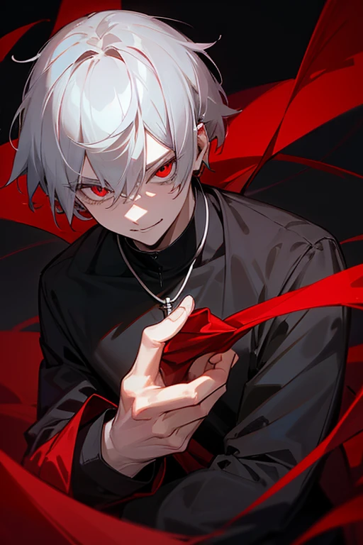 Gray Hair、slightly longer short hair、Red Eye、Cold-blooded man、View your viewers、With seductive eyes、Close-up、Devilish smile(Just a little)、Black long sleeve shirt、Cross Necklace、