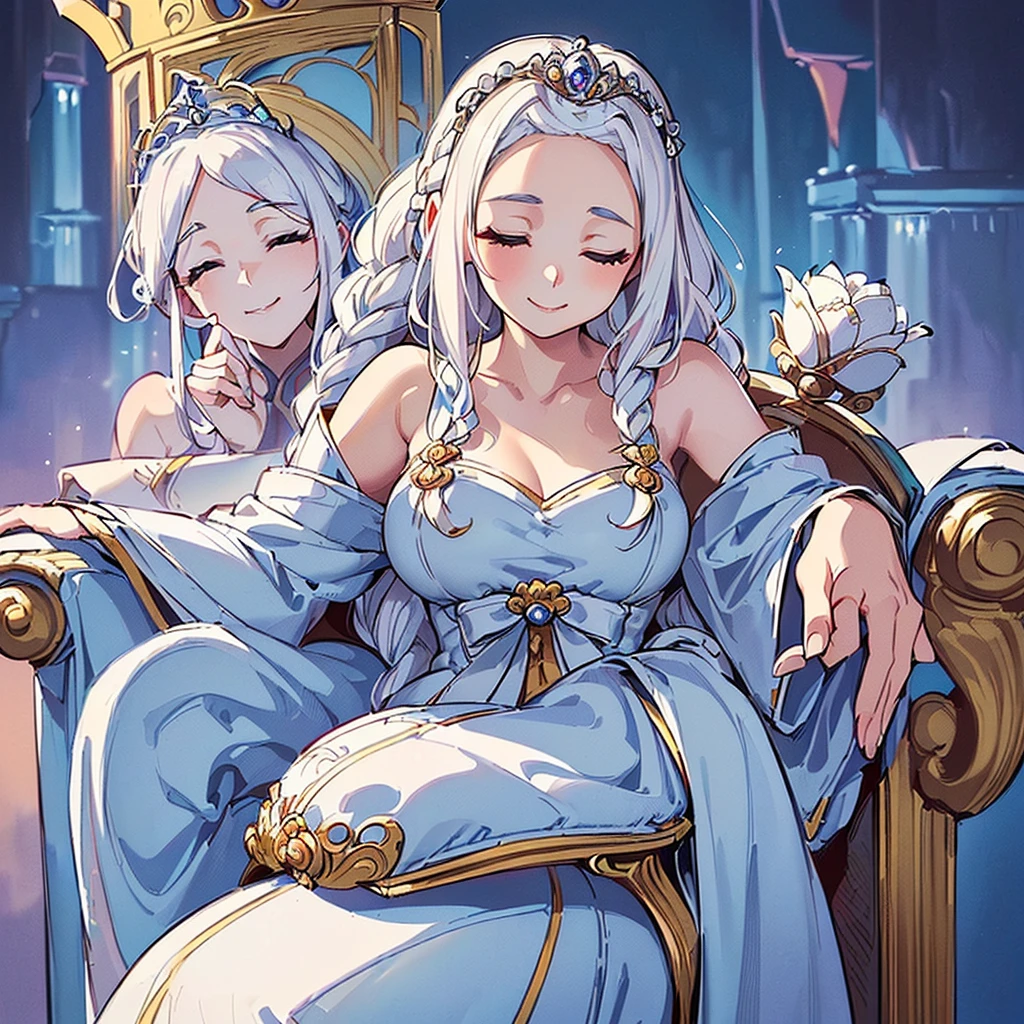 (((Solo)))、Highest quality, Best Quality、middle ages、(((白いGorgeous dresature Woman、Mother、40 years old)、(White Hair、Middle Reason、Does not touch the forehead、Dumpling、Braid)、(smile、Close your eyes、Close your eyes)、(princess、Queen of the West)、(Gorgeous dress)、tiara、(Sit in a luxurious castle chair)