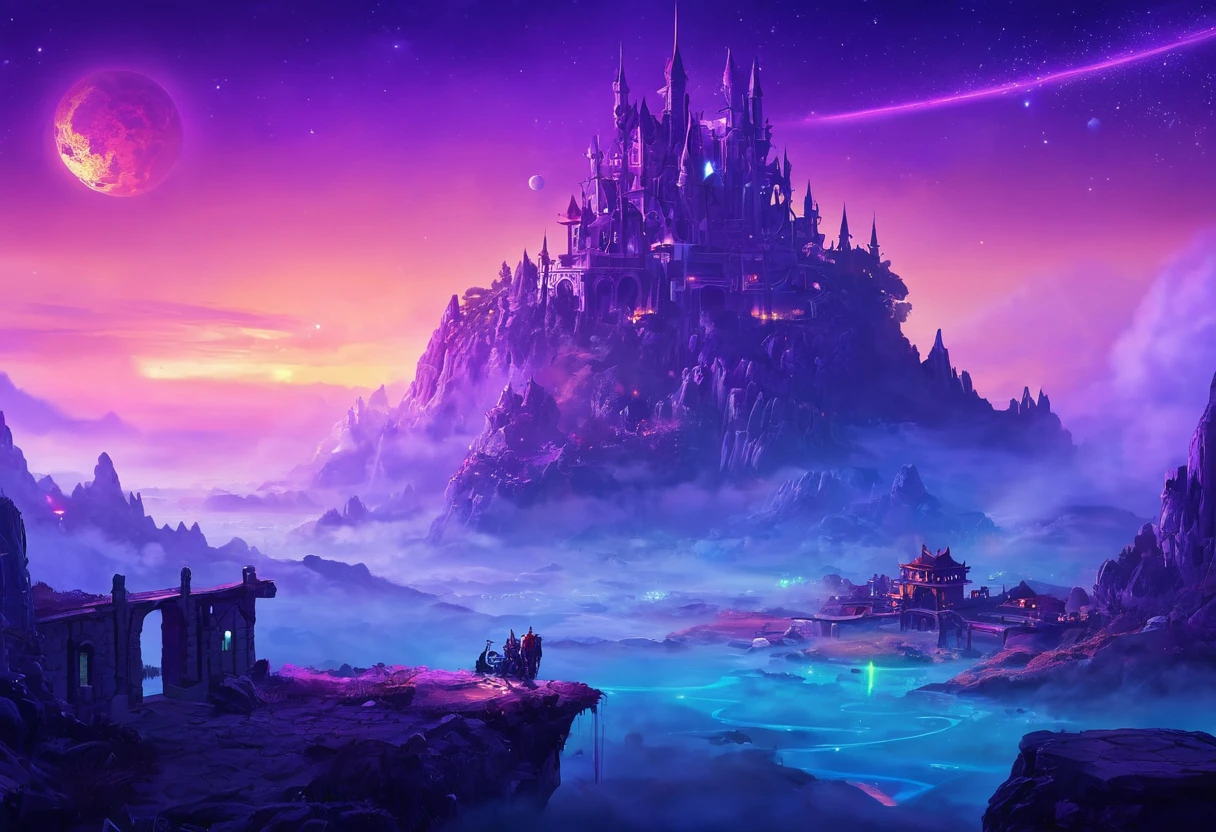 digital painting, Game Location, location from the game, dungeon from the game, локация space, Game Location, space location, location in blue and purple tones, Game Location, cute style, Large location, fog in the foreground with glow effects, colorful, No characters, no characters, location only, cute style, anime style, space, Space, planets in the background