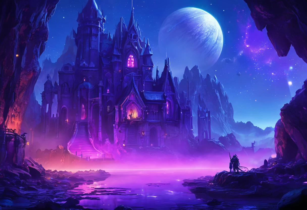digital painting, Game Location, location from the game, dungeon from the game, локация space, Game Location, space location, location in blue and purple tones, Game Location, cute style, Large location, fog in the foreground with glow effects, colorful, No characters, no characters, location only, cute style, anime style, space, Space, planets in the background
