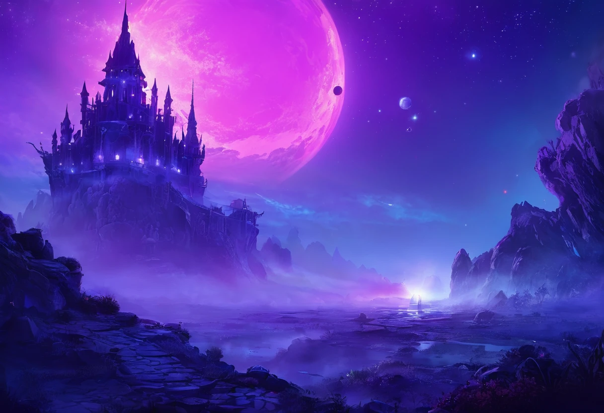 digital painting, Game Location, location from the game, dungeon from the game, локация space, Game Location, space location, location in blue and purple tones, Game Location, cute style, Large location, fog in the foreground with glow effects, colorful, No characters, no characters, location only, cute style, anime style, space, Space, planets in the background