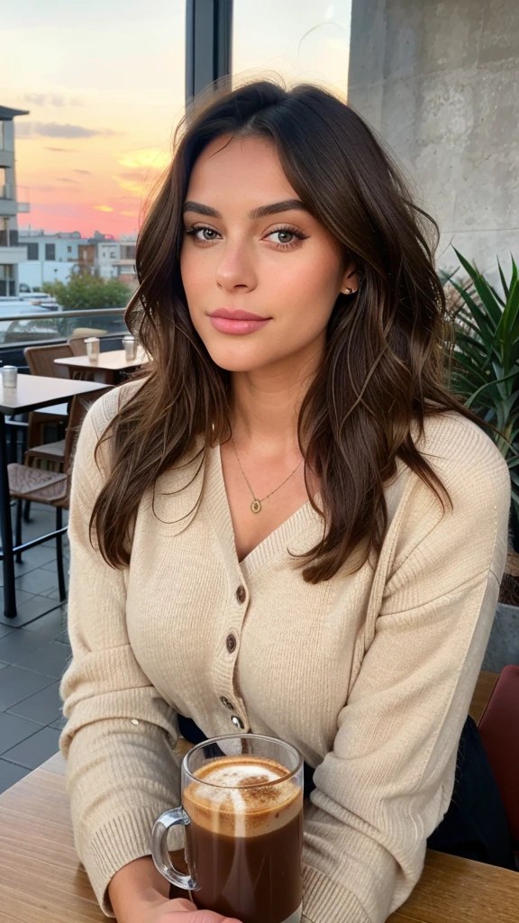 belle brune portant un pull beige (sipping coffee in a modern cafe at sunset), very detailed, 21 ans, visage innocent, natural wavy hair, yeux bleus, high resolution, chef-d&#39;artwork, best quality, intricate details, very detailed, sharpness, detailed skin, realistic skin texture, texture, detailed eyes, Professionnel, 4K, Sourire charmant, shot with Canon, 85mm, faible profondeur de champ, Couleur Kodak Vision, corps parfaitement ajusté, extremely detailed, Photo_\(ultra\), photorealistic, realistic, Post-traitement, maximum detail, roughness, vrai vie, ultra realistic, photorealism, la photographie, 8K UHD, la photographie