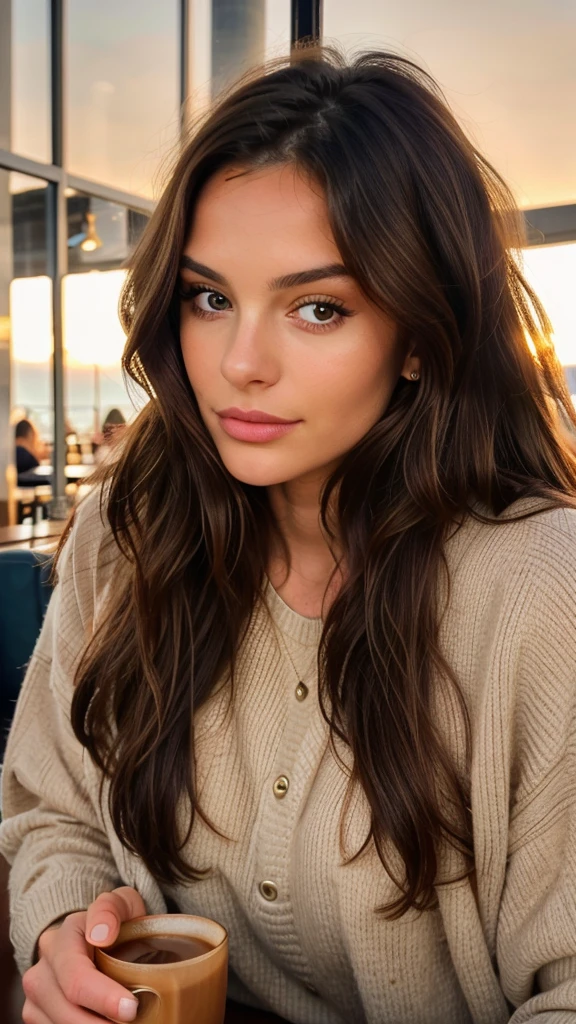 belle brune portant un pull beige (sipping coffee in a modern cafe at sunset), very detailed, 21 ans, visage innocent, natural wavy hair, yeux bleus, high resolution, chef-d&#39;artwork, best quality, intricate details, very detailed, sharpness, detailed skin, realistic skin texture, texture, detailed eyes, Professionnel, 4K, Sourire charmant, shot with Canon, 85mm, faible profondeur de champ, Couleur Kodak Vision, corps parfaitement ajusté, extremely detailed, Photo_\(ultra\), photorealistic, realistic, Post-traitement, maximum detail, roughness, vrai vie, ultra realistic, photorealism, la photographie, 8K UHD, la photographie