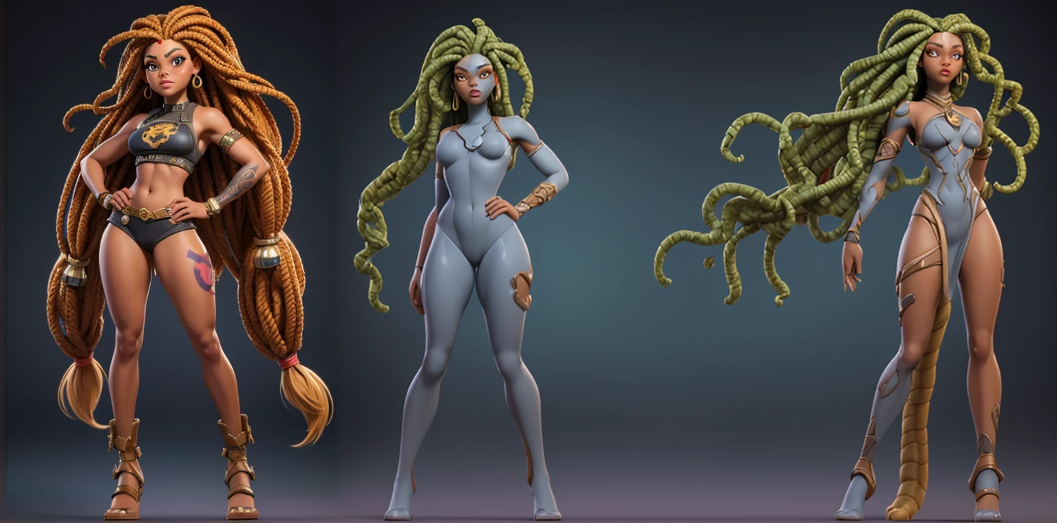 digital art by Tim Hildebrandt, Artstation, afrofuturism, beautiful female gorgon, female medusa long hair, snake woman hybrid, fierce medusa, epic 3 d oshun, gorgon, snake woman, medusa, epic 3 d yemaya, (full body portrait: 1.4) RAW uhd portrait photo of an African american woman named Ivy, Dreadlocks brown eyes, famine features, ultra quality, a cartoon picture of a woman with dreadlocks, a low poly render inspired by Daphne Allen, trending on cg society, afrofuturism, epic 3 d oshun, epic 3 d yemaya, character is in her natural pose, female medusa long hair, doja cat, lovely brigitte from overwatch, dread + highly detailed, standing in the "T Pose Position", has H cup breasts, wide hips, a close up of a woman's body in various poses, a low poly render inspired by senior character artist, zbrush central, digital art, female body, female character, female full body, low - poly 3 d model, human female, fake 3d meshes!!, 3d female character model, detailed body structure, body meshes, high detail character models