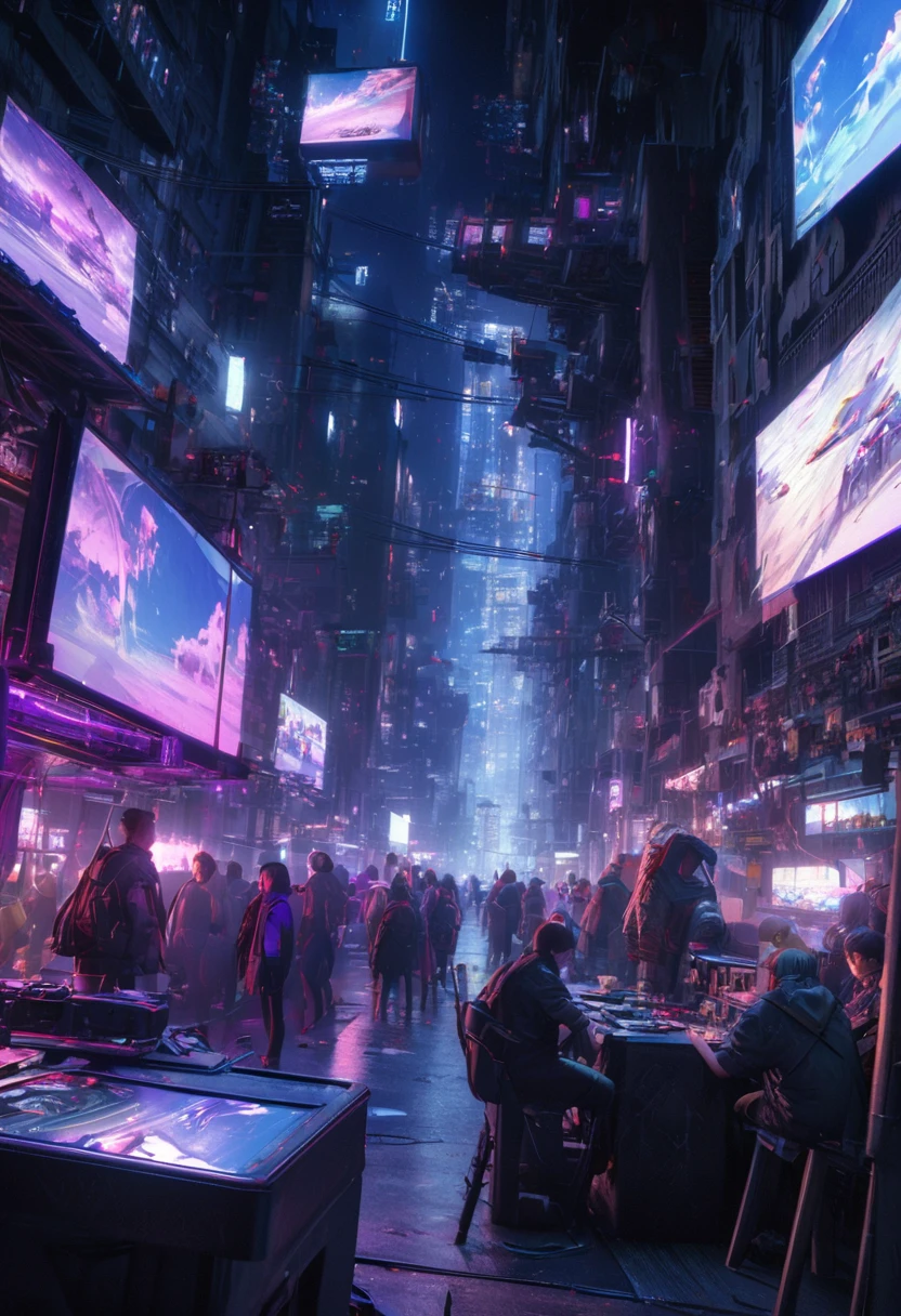 dystopian city , People live, Night view city slums , Bright lighting, Blue aircraft, Very crowded, Populous, Color Scheme, Blue-purple movie, Art Station, Create ultra-realistic renderings of aircraft，Like a bicycle. Street cables densely cover the areas between buildings. 
Lighting scene lights on, quality\(8k,非常に精細なCGユニットのwallpaper, masterpiece,High resolution,top-quality,top-quality real texture skin,Surreal,Increase the resolution,RAW Photos,最高quality,Very detailed,wallpaper,Cinema Lighting,Ray-tracing,Golden Ratio\),(Long Shot),landscape,